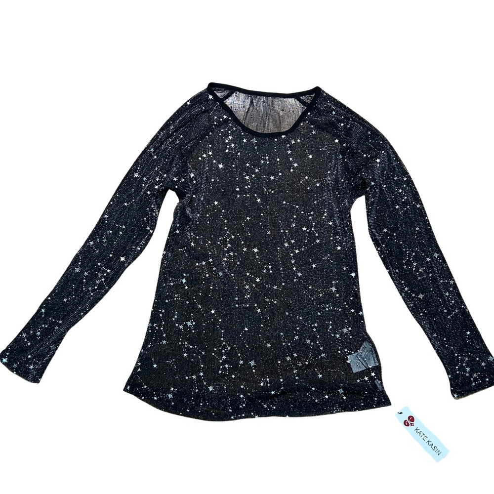 NWT Kate Kasin See-Through Mesh Top Long Raglan Sleeve Stars Pattern